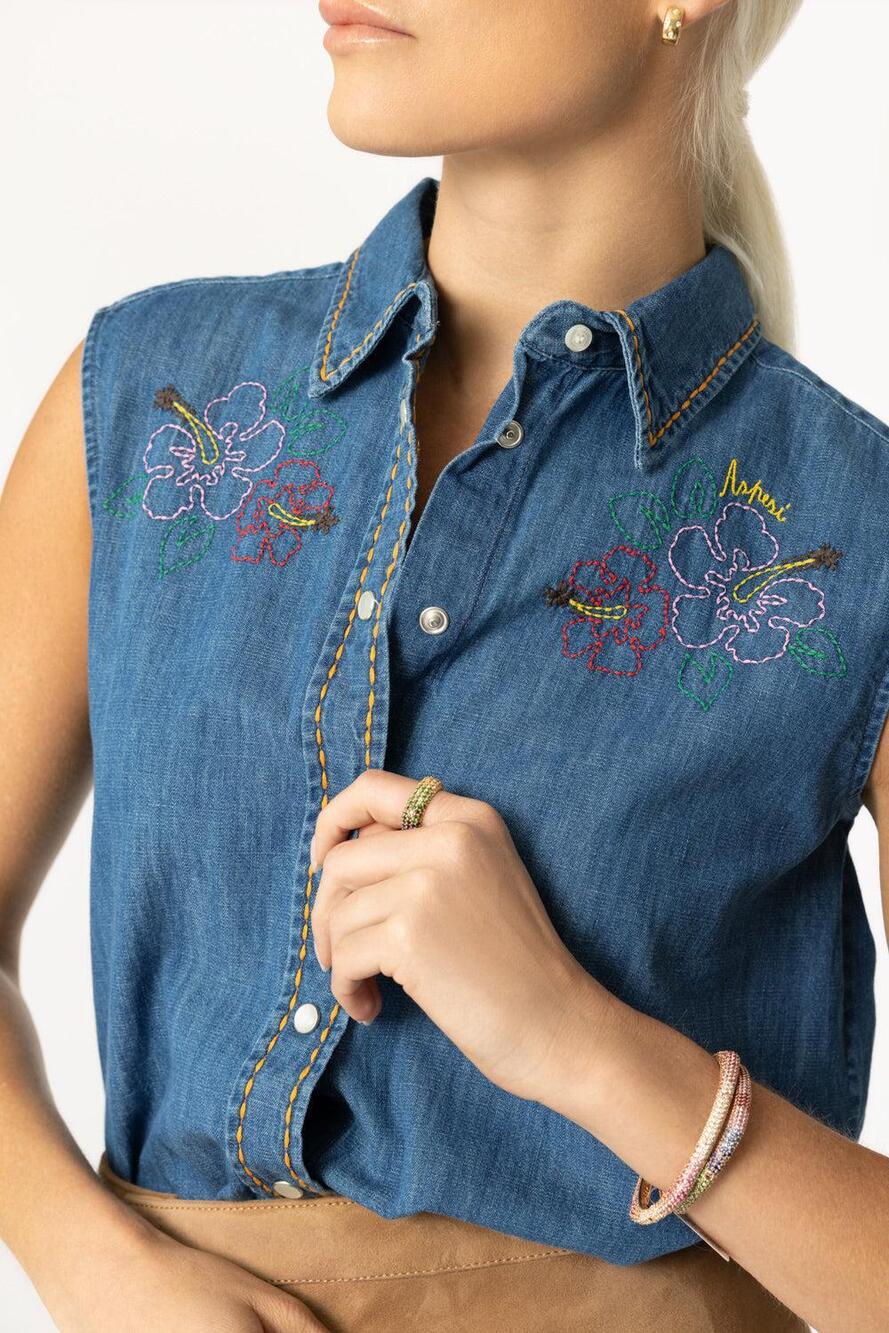 Aspesi Womens Sleeveless Embroidered Top in Denim IT 42 US 6